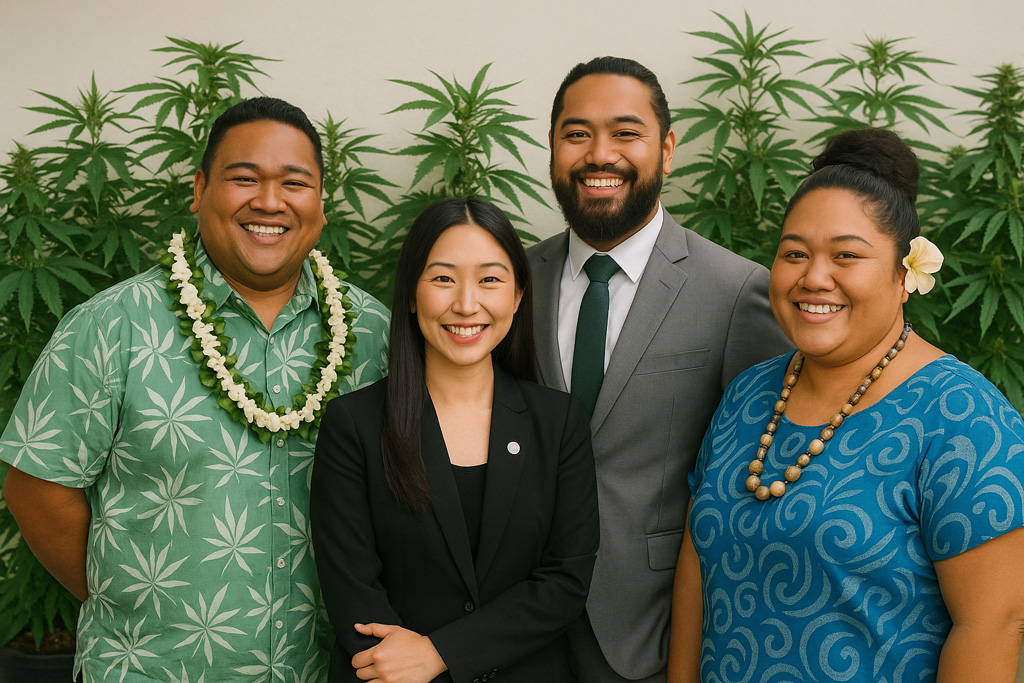 A proud and professional group of four Asian American and Pacific Islander individuals stands in front of a vibrant cannabis farm. The group includes a Japanese woman in a tailored blazer, a Hawaiian man wearing an aloha shirt, a Samoan man in traditional attire, and a Guamanian woman with island-inspired accessories. They smile confidently, reflecting unity, culture, and cannabis industry representation.