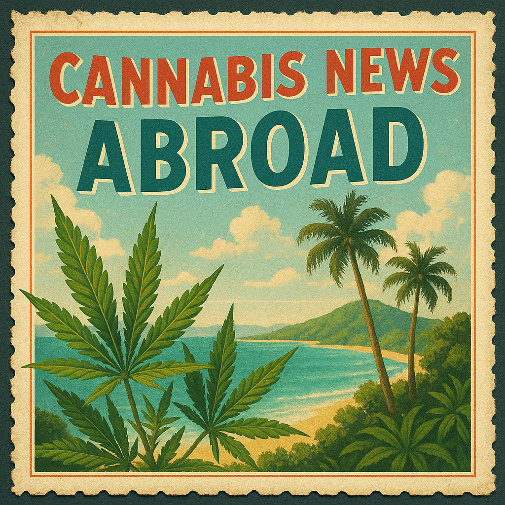 A vintage-style postcard illustration with the title 'CANNABIS NEWS ABROAD' in bold red and teal letters. The scene depicts a tropical coastline with turquoise water, lush green hills, and palm trees. In the foreground, several large cannabis leaves are prominently displayed. The image has a nostalgic, travel-poster aesthetic with a soft color palette and decorative border.