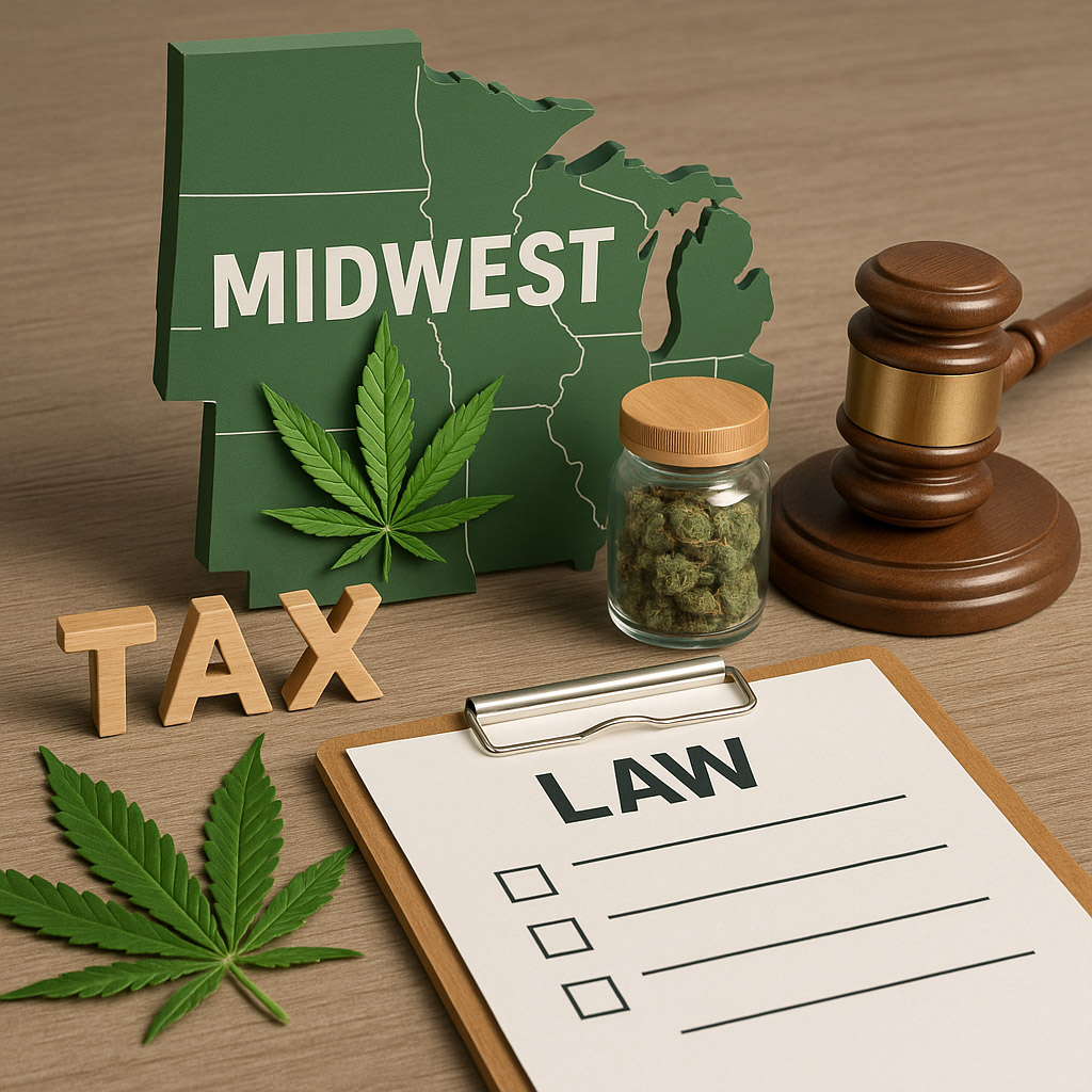 A 3D-rendered digital image features Midwest cannabis tax and law themes. A green silhouette map of the Midwest labeled 'MIDWEST' is surrounded by a wooden gavel, a glass jar of cannabis buds, two cannabis leaves, wooden block letters spelling 'TAX,' and a clipboard labeled 'LAW' with checkboxes. The items are arranged on a wooden tabletop with soft, even lighting.