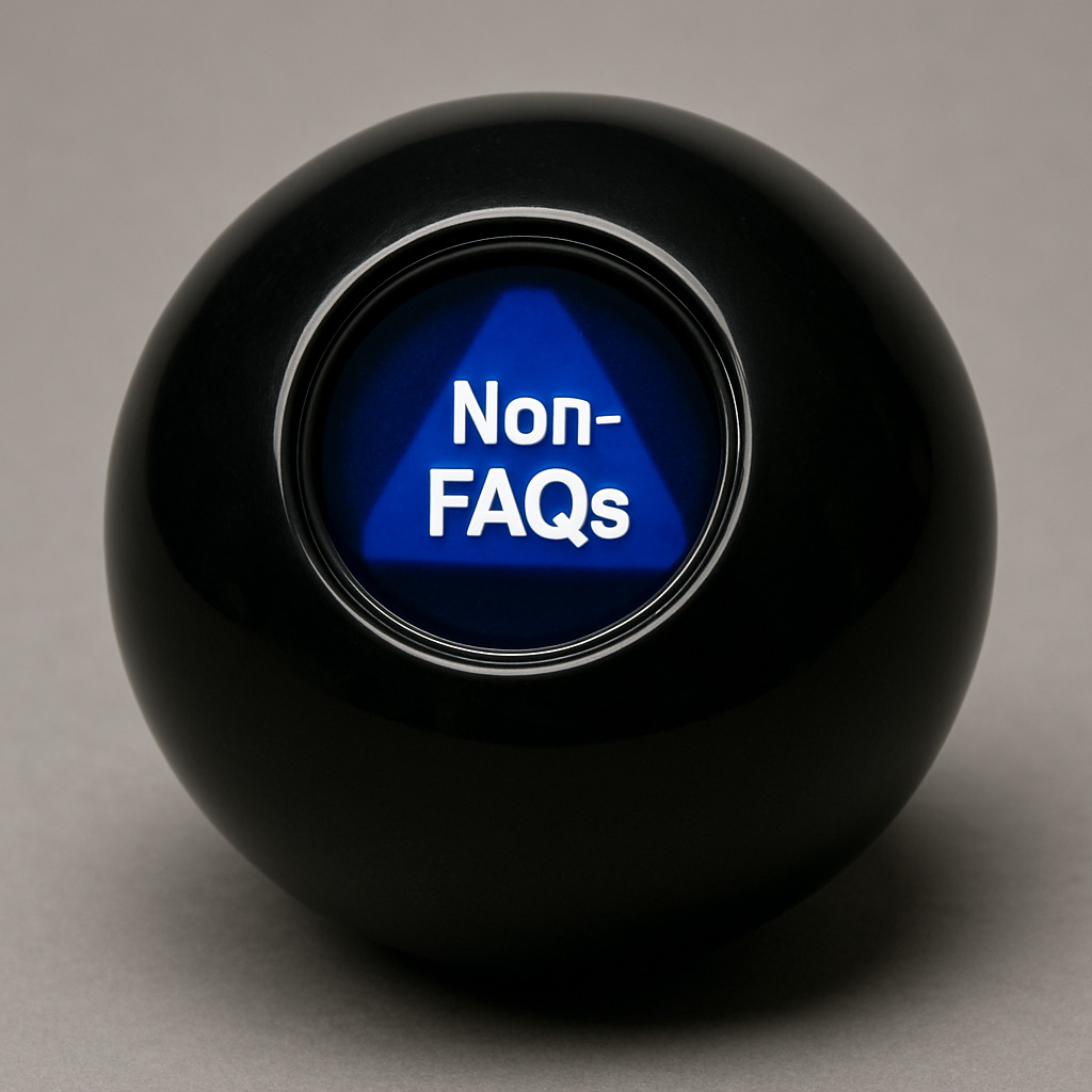 Magic 8 ball sitting on a table, with the word, Deductions sitting on the option.