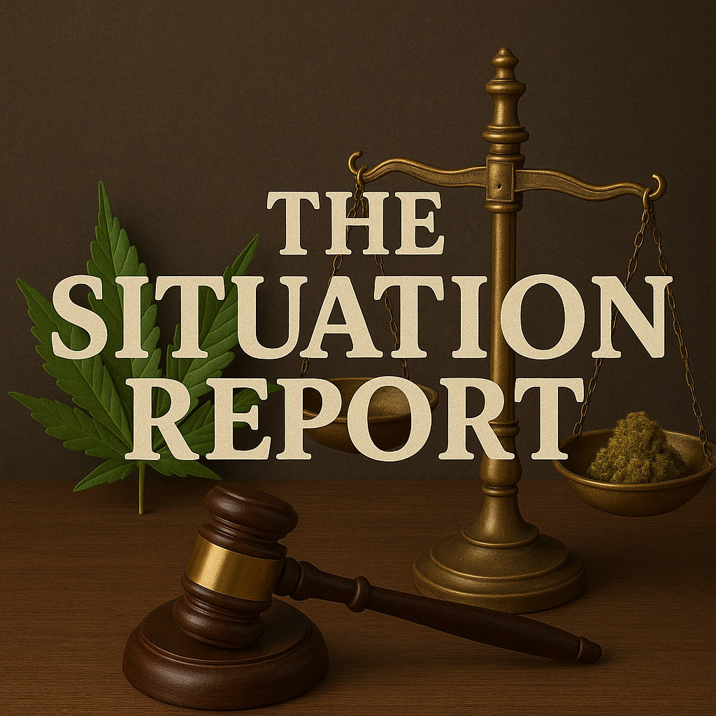 A 3D-rendered digital image featuring a legal and cannabis-themed composition. The phrase 'THE SITUATION REPORT' is prominently superimposed in large, bold, off-white lettering at the center. Behind the text, a brass set of justice scales holds a cannabis bud in one pan, with the other pan empty. To the left, a vivid green cannabis leaf adds visual emphasis, while a wooden judge's gavel rests on a dark wood surface in the foreground. The background is a muted brown, creating a serious and authoritative tone.
