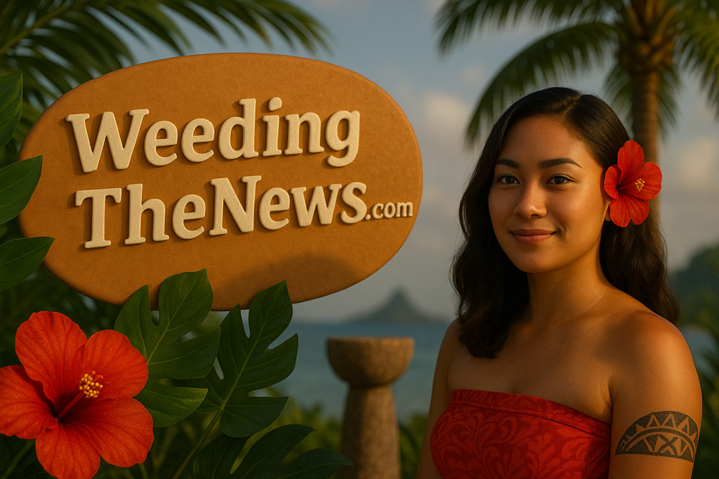 A high-resolution 3D-rendered image featuring a young Chamorro woman in traditional island attire, standing next to a tropical sign that reads 'WeedingTheNews.com' in staggered casing. She wears a red hibiscus flower in her hair and a red patterned wrap, with a traditional Polynesian-style tattoo on her upper arm. Behind her are palm trees, lush greenery, a latte stone, and a calm ocean with distant mountains under a golden sky—capturing a serene, culturally rich Guamanian and Polynesian island theme.